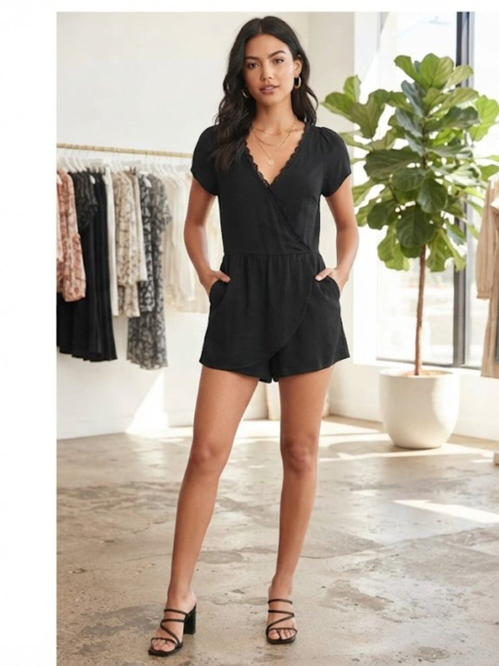Express Lace Trim Surplice Skort Romper dress Black XS
